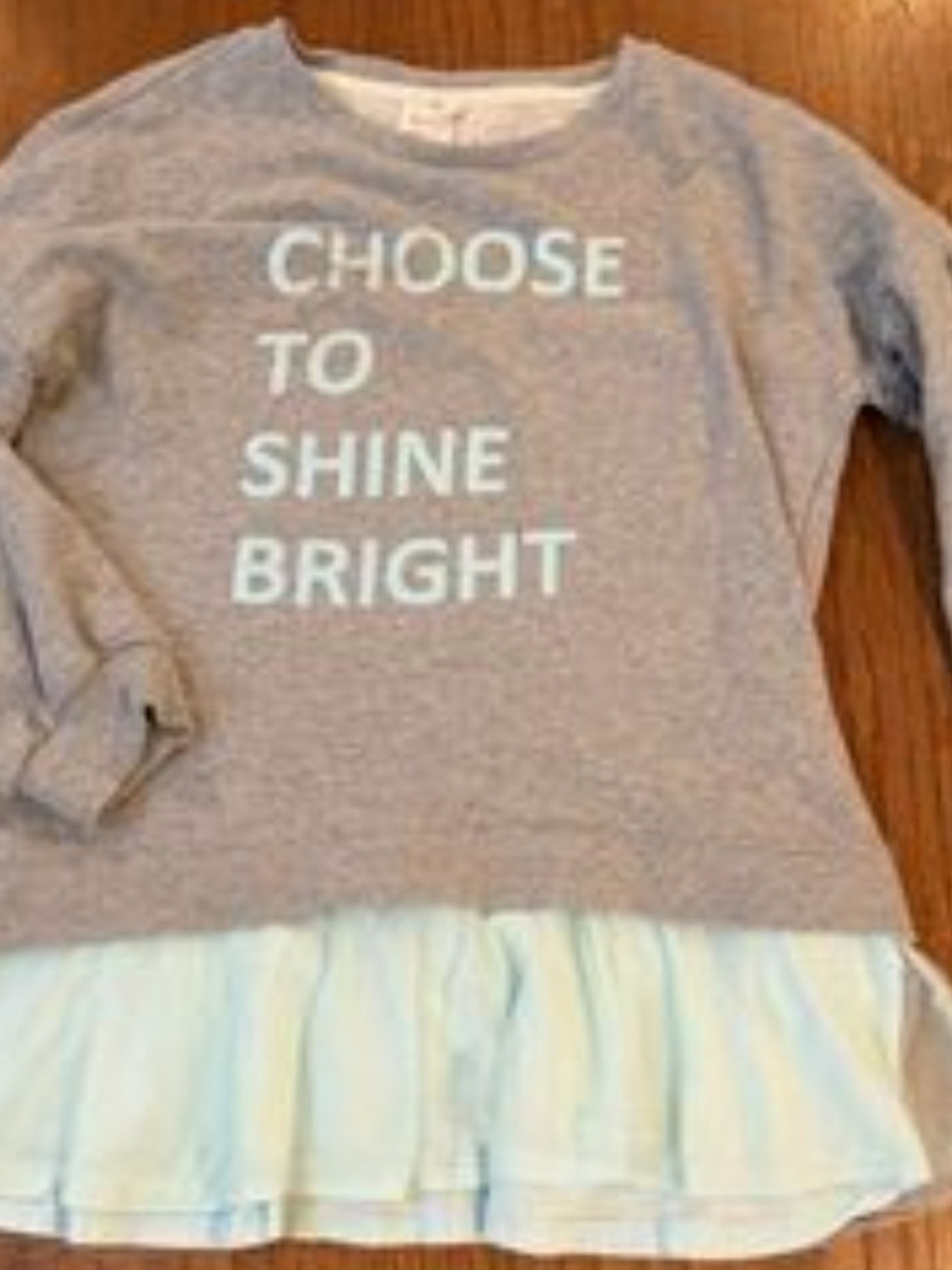 Gray Sweatshirt Top with Light Blue Ruffle Hem